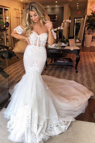 Tulle Mermaid Sweetheart Lace Appliques Wedding Dresses, Bridal Gown OK1880