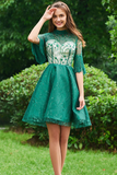 Charming Lace High Neck Beaded Half Sleeves Tassel Short Homecoming Dress OKE5