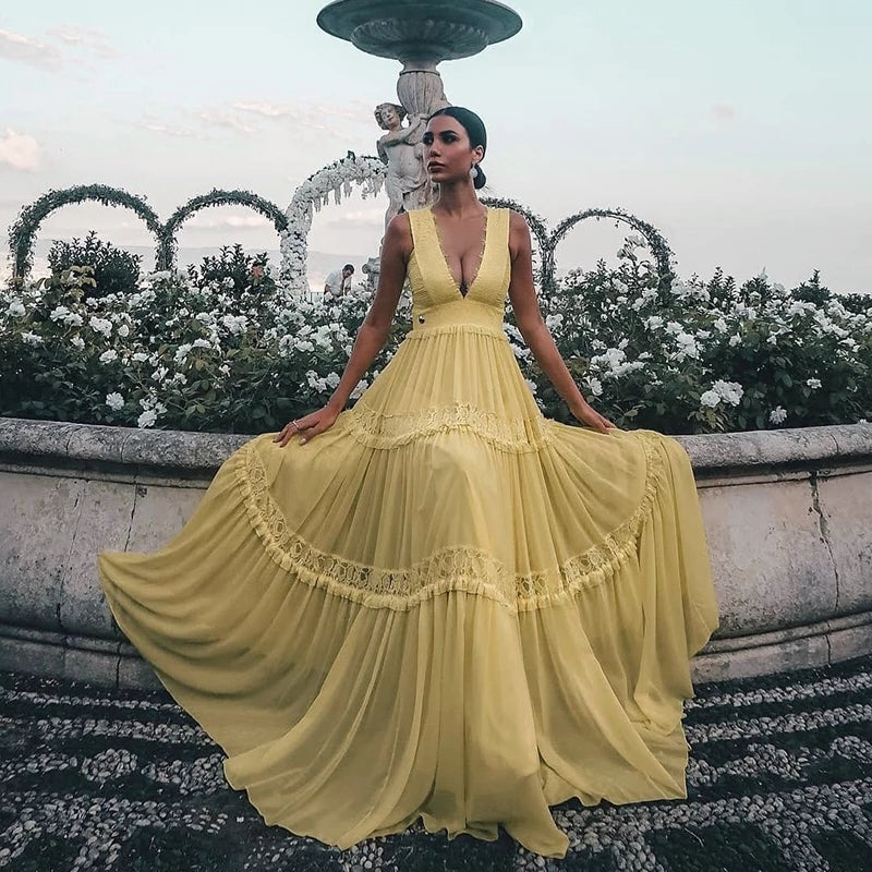 Gorgeous Yellow V-Neck Sleeveless Lace Appliques Chiffon Prom Dress OKW48