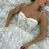 Gorgeous Off White Sweetheart Lace Prom Dress A-line Spagetti Straps Long Evening Dress OKW56