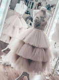 Graceful Short Layered Tulle High Neck Short Prom Dress Homecoming Dress OKO56