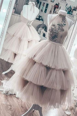 Unique Short Layered Tulle High Neck Short Prom Dresses, Homecoming Dresses OKO56