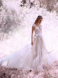 Romantic Ivory Cap Sleeve Tulle Long Bridal Wedding Dress OKM84