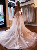 A Line Tulle V Neck Backless Lace Floral Appliques Long Wedding Dresses OK1736