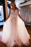 A Line Tulle V Neck Backless Lace Floral Appliques Long Wedding Dresses OK1736