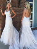 V Neck Backless Mermaid Lace Appliques Long Wedding Dresses with Train OK1727