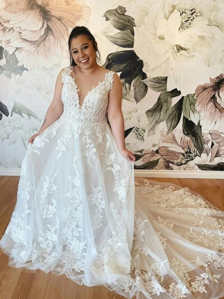 A Line V Neck Backless Off White Lace Long Plus Size  Wedding Dresses OK1734