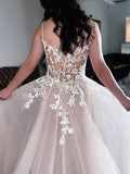 A Line Tulle Spaghetti Straps V Neck Lace Appliques Wedding Dresses OK1731