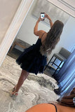V Neck Dark Blue Short Tulle Prom Dress A-line Tired Formal Homecoming Dress OK1653