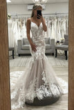 V Neck Mermaid Lace Appliques Long Wedding Dresses, Elegant Bridal Dresses OK1728