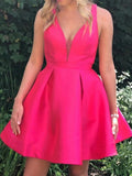 V Neck Hot Pink Short Prom Dresses A Line Satin V Neck Homecoming Dresses OK1462