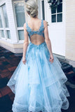 V Neck Appliques Open Back Light Blue Long Prom Dress Formal Graduation Evening Dress OK1245