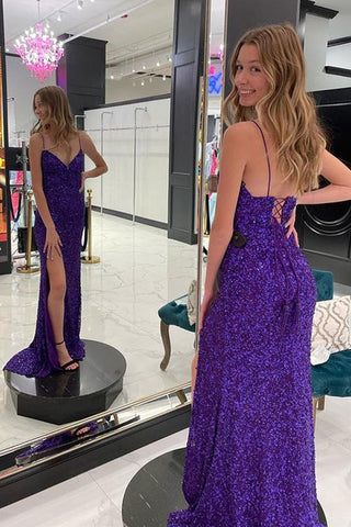 V Neck Purple Sequins Long Prom Dress High Slit Formal Graduation Evening Dress OK1285