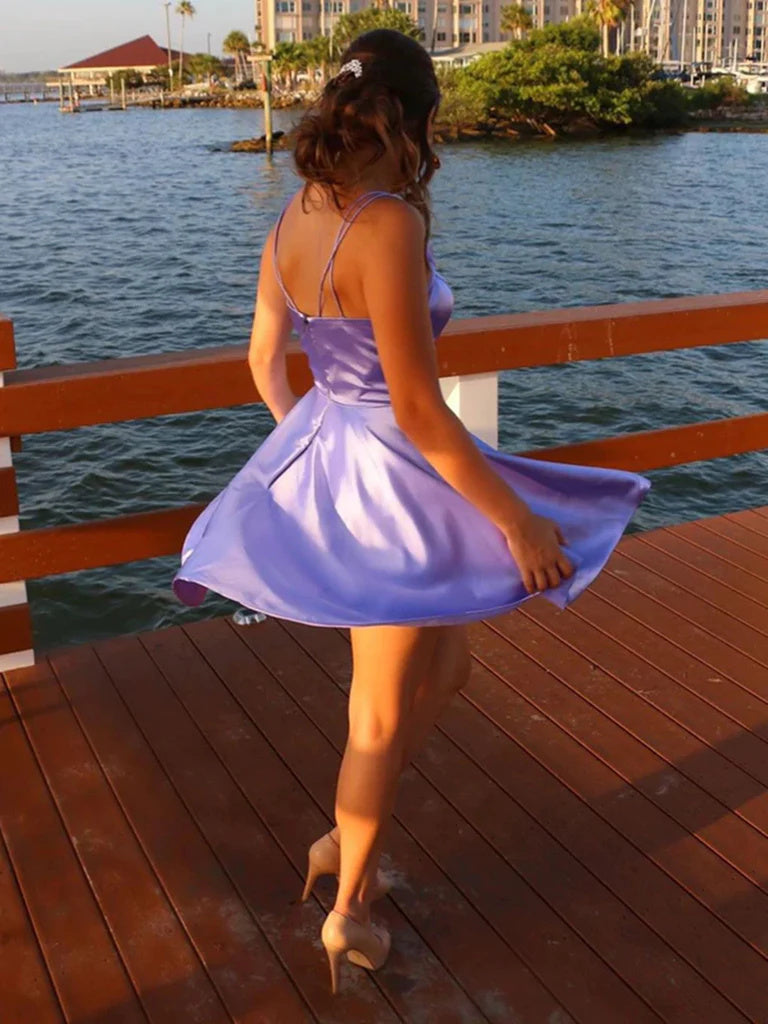 Simple V Neck Short Purple Prom Dresses with Pocket, Lavender Homecoming Dresses OK1741