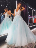 V Neck Teal Lace Floral Long Prom Dress A-line Tulle Long Formal Evening Dress OKW99