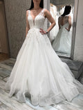 A Line V Neck White Lace Appliques Long Wedding Dresses, Elegant Bridal Dresses OK1759