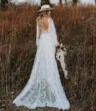 Lace V Neck Backless Boho Wedding Dress A-line Lace Beach Bridal Gown OKV56