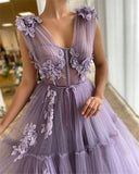 Elegant Tulle A-line Long Prom Dress Sheer V Neck 3D Flowers Evening Gowns OKV54