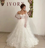 Lace Floral Puffy Sleeve Wedding Dress Sweetheart Long Train Bridal Gown Corset Back OKV20