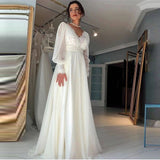 Vintage Long Sleeves Wedding Dress Chiffon A-line V Neck Bride Gowns OKV59