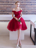 Simple Off the Shoulder Tulle Homecoming Dress,Short Red Cocktail Party Dress OK311