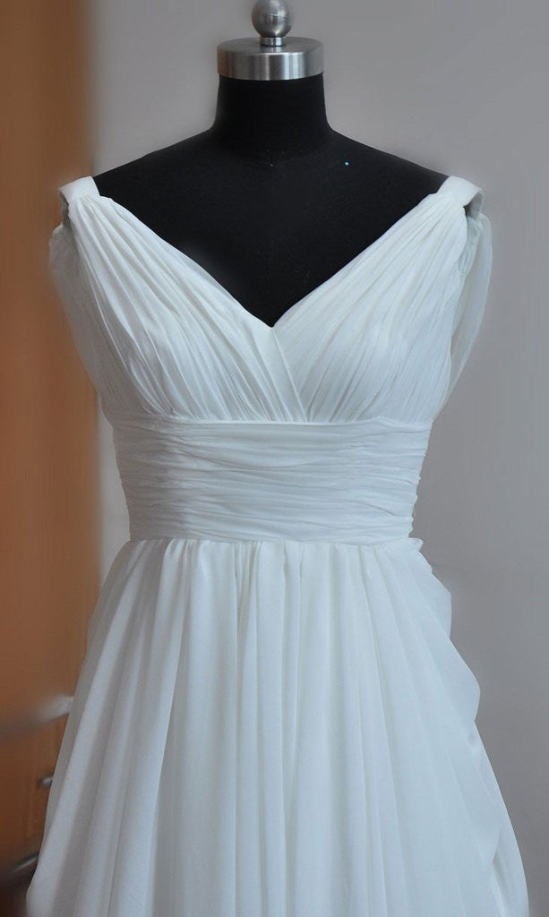 Simple White A-line V-neck Backless Sweep Train Chiffon Cheap Beach Wedding Dress OK219