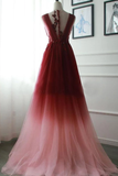 A-line Appliques Burgundy Tulle Long Prom Dress OKS22