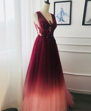 A-line Appliques Burgundy Tulle Long Prom Dress OKS22