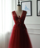 A-line Appliques Burgundy Tulle Long Prom Dress OKS22