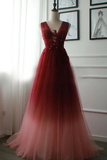 A-line Appliques Burgundy Tulle Long Prom Dress OKS22