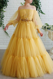 A-line Off-the-shoulder Yellow Tulle Long Prom Dress Evening Dress OKS56