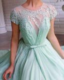 A-line Mint Green Long Cheap Prom Dress Beading Tulle Evening Dress OKS99