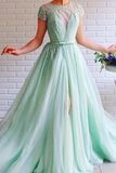 A-line Mint Green Long Cheap Prom Dress Beading Tulle Evening Dress OKS99