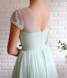 A-line Mint Green Long Cheap Prom Dress Beading Tulle Evening Dress OKS99