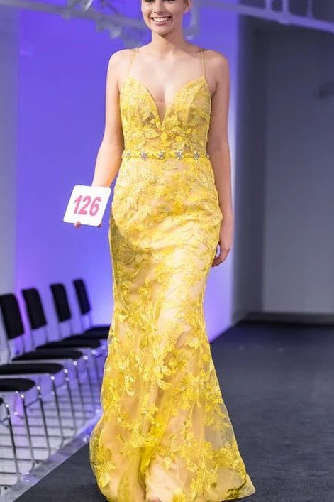 Trumpet/Mermaid Spaghetti Straps Lace Yellow Long Elegant Prom Dress Evening Dress OKS98