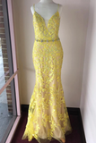 Trumpet/Mermaid Spaghetti Straps Lace Yellow Long Elegant Prom Dress Evening Dress OKS98