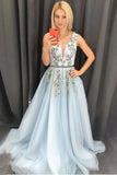 A-line V neck Long Blue Appliques Light Blue Prom Dress Evening Dress OKT10