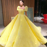 Ball Gown Sparkly Yellow Short Sleeves Prom Dress Evening Dress OKT15