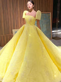 Ball Gown Sparkly Yellow Short Sleeves Prom Dress Evening Dress OKT15