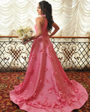 A-line High Neck Pink Flowers Long Prom Dress Cheap Evening Dress OKT12