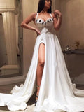 A-line Straps White Long Prom Dress With Slit Cheap Evening Dress OKT13