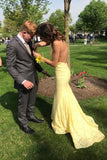 Stunning Mermaid Spaghetti Straps Lace Yellow Long Prom Dress Evening Dress OKT20