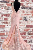 Mermaid Pink Lace Appliques Long Prom Dress With Slit Backless Evening Dress OKT14