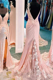 Mermaid Pink Lace Appliques Long Prom Dress With Slit Backless Evening Dress OKT14