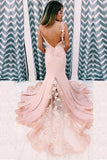 Mermaid Pink Lace Appliques Long Prom Dress With Slit Backless Evening Dress OKT14