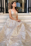 Stunning A-line V neck Sparkly Silver Long Prom Dress Evening Dress OKT30