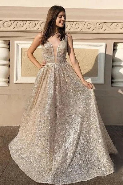 Stunning A-line V neck Sparkly Silver Long Prom Dress Evening Dress OKT30