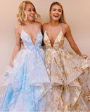 Chic A-line Spaghetti Straps Lace Appliques Long Prom Dress Evening Dress OKT31