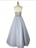 A-line Sweetheart Beaded Light Blue Long Prom Dress Unique Formal Gowns OKR55