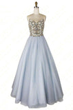 A-line Sweetheart Beaded Light Blue Long Prom Dress Unique Formal Gowns OKR55